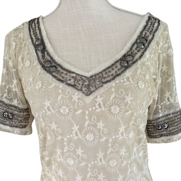 Black Swan Cream Lace Beaded Boho Blouse Women’s Small Romantic Top - Picture 2 of 14